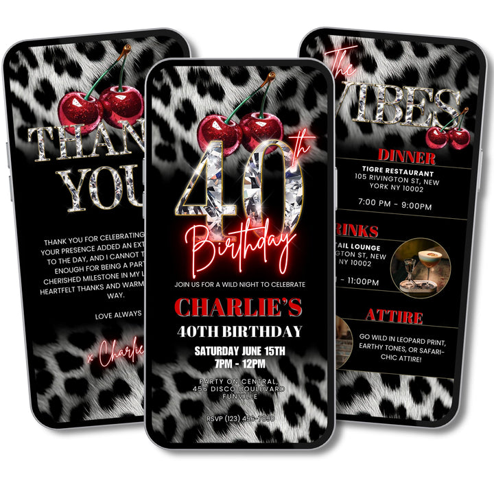 Cherry, Cheetah & Leopard Print 40th Birthday Invitation Bundle | Digital 40th Invite with Vibes and Thank You Card Canva Template
