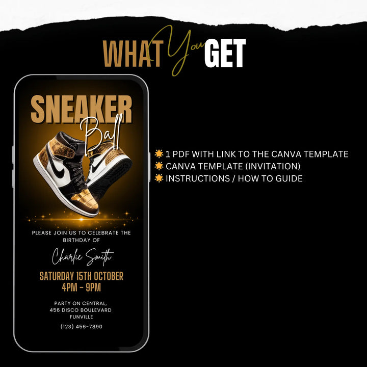 Gold Sneaker Ball Invitation Digital Sneaker Party Invite Canva Template