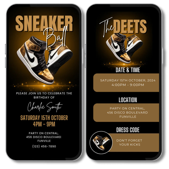 Gold Sneaker Ball Birthday Invitation with Details - Digital Sneaker Party Invite Canva Template