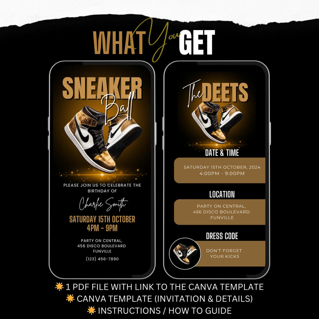 Gold Sneaker Ball Birthday Invitation with Details - Digital Sneaker Party Invite Canva Template