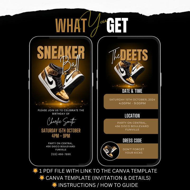 Gold Sneaker Ball Birthday Invitation with Details - Digital Sneaker Party Invite Canva Template