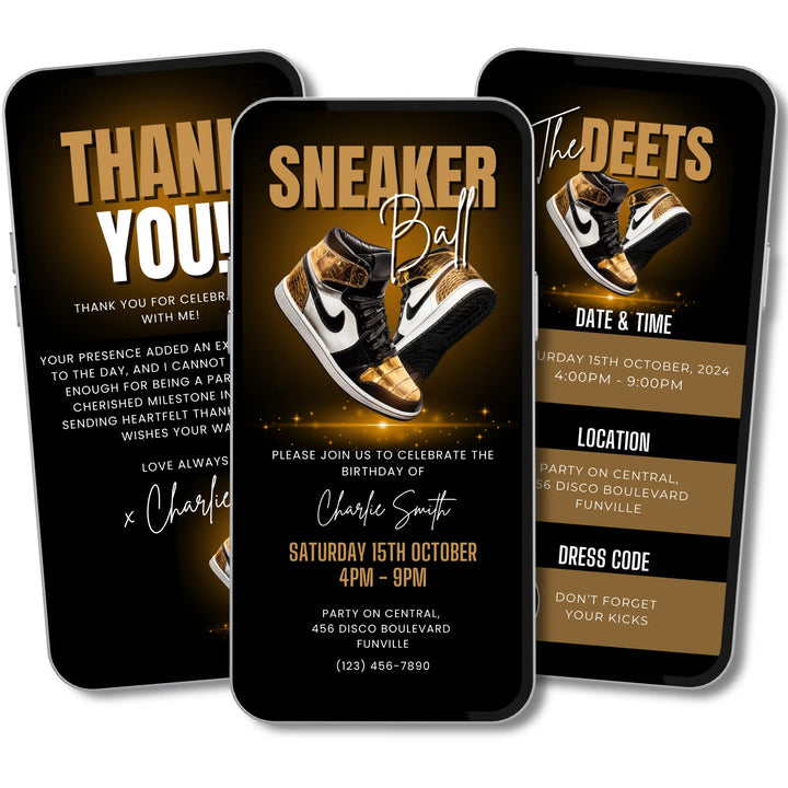 Gold Sneaker Ball Birthday Invitation with Details & Thank You Card - Digital Sneaker Party Invite Canva Template