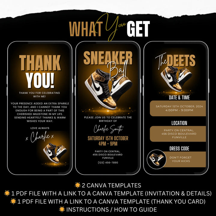 Gold Sneaker Ball Birthday Invitation with Details & Thank You Card - Digital Sneaker Party Invite Canva Template