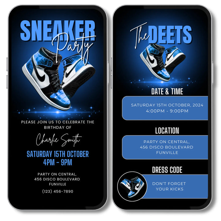 Blue Sneaker Party Birthday Invitation with Details - Digital Sneaker Ball Invite Canva Template