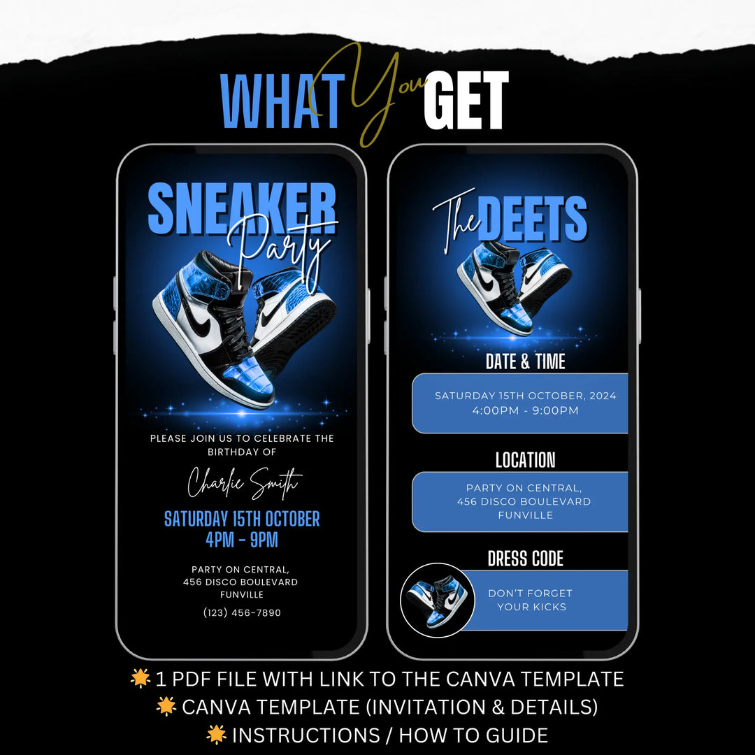 Blue Sneaker Party Birthday Invitation with Details - Digital Sneaker Ball Invite Canva Template
