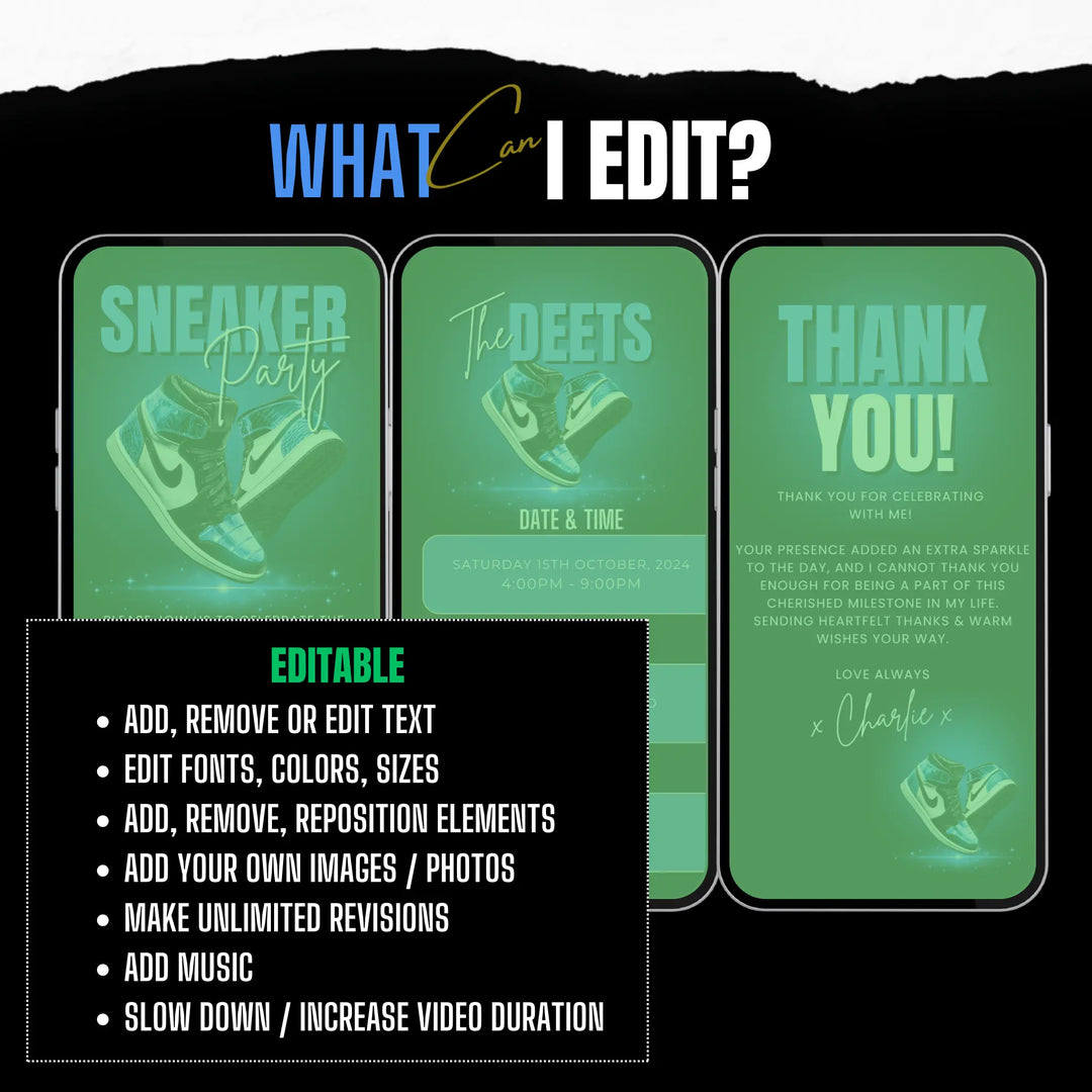 Blue Sneaker Party Birthday Invitation with Details & Thank You Card - Digital Sneaker Ball Invite Canva Template