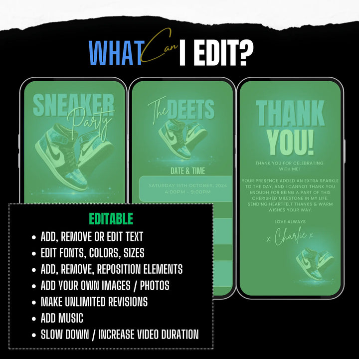 Blue Sneaker Party Birthday Invitation with Details & Thank You Card - Digital Sneaker Ball Invite Canva Template