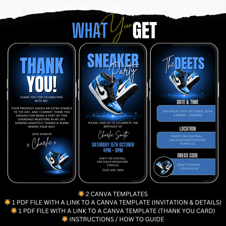 Blue Sneaker Party Birthday Invitation with Details & Thank You Card - Digital Sneaker Ball Invite Canva Template