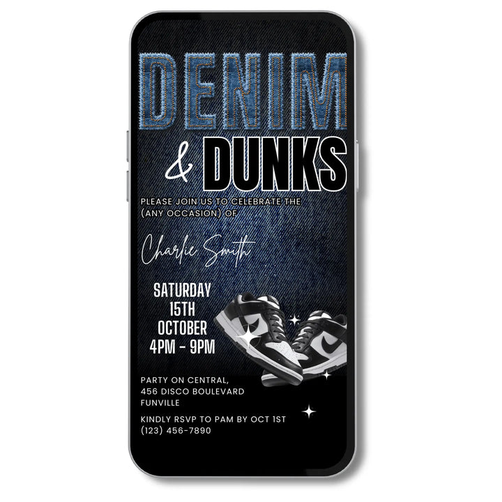 Denim and Dunks Birthday Invitation - Self Editable Digital Sneaker Party Invite Canva Template