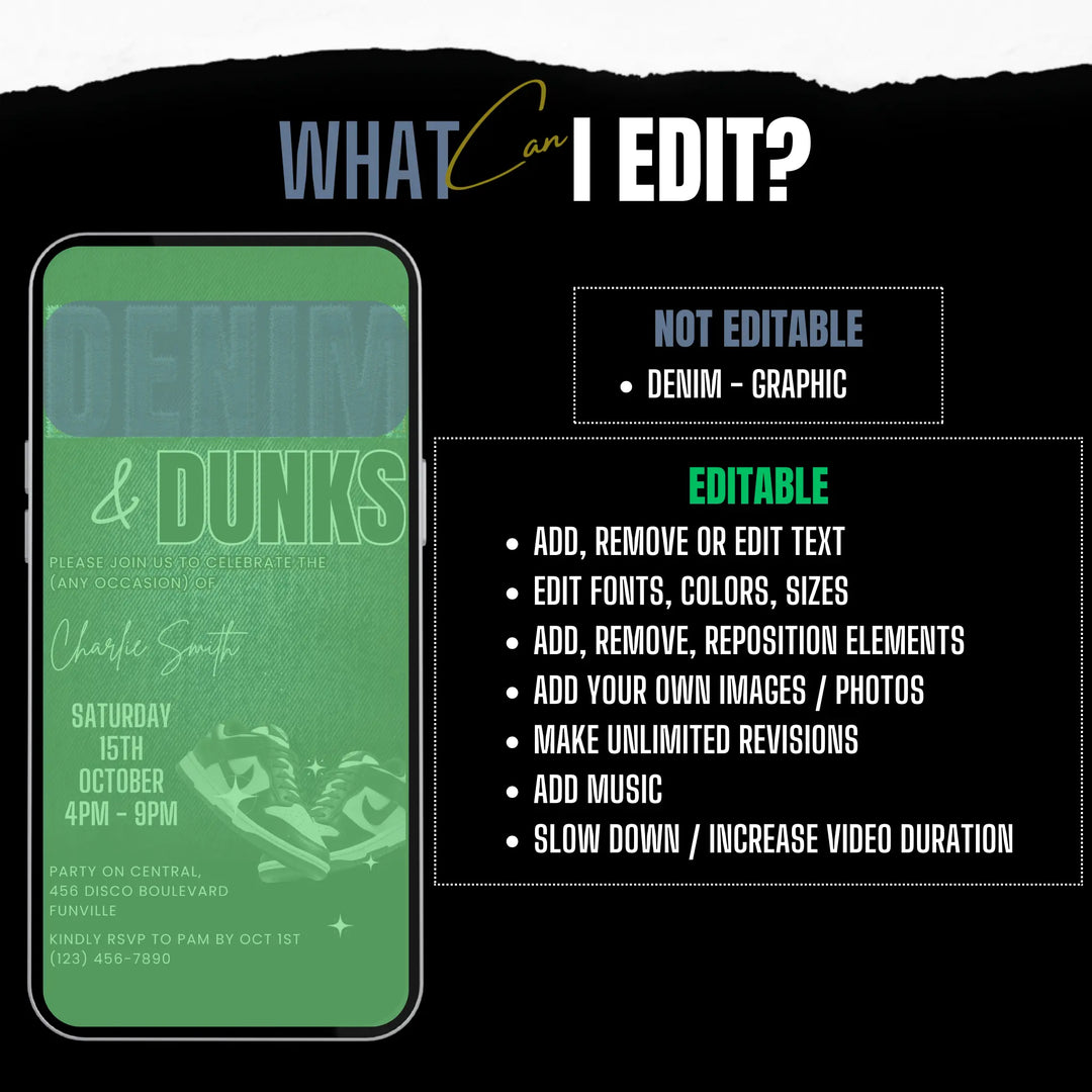 Denim and Dunks Birthday Invitation - Self Editable Digital Sneaker Party Invite Canva Template