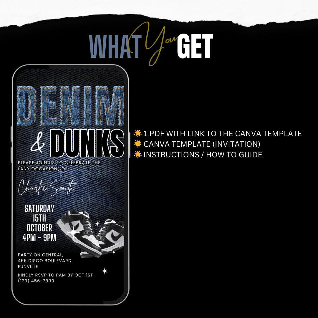 Denim and Dunks Birthday Invitation - Self Editable Digital Sneaker Party Invite Canva Template