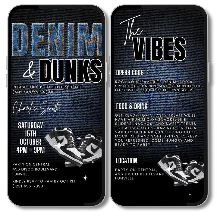 Denim and Dunks Sneaker Party Birthday Invitation with Details - Self Editable Digital Sneaker Ball Invite Canva Template