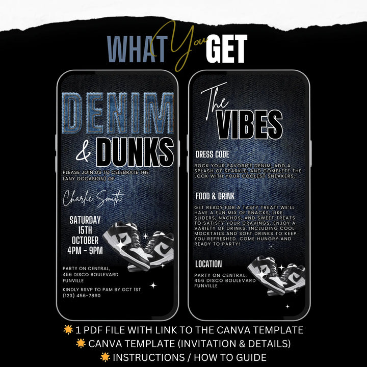 Denim and Dunks Sneaker Party Birthday Invitation with Details - Self Editable Digital Sneaker Ball Invite Canva Template