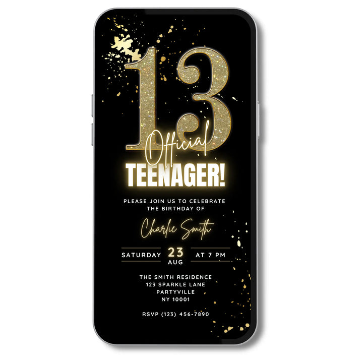 Gold 13th Birthday Invitation – Official Teenager Digital 13 Party Invite | Editable Canva Template