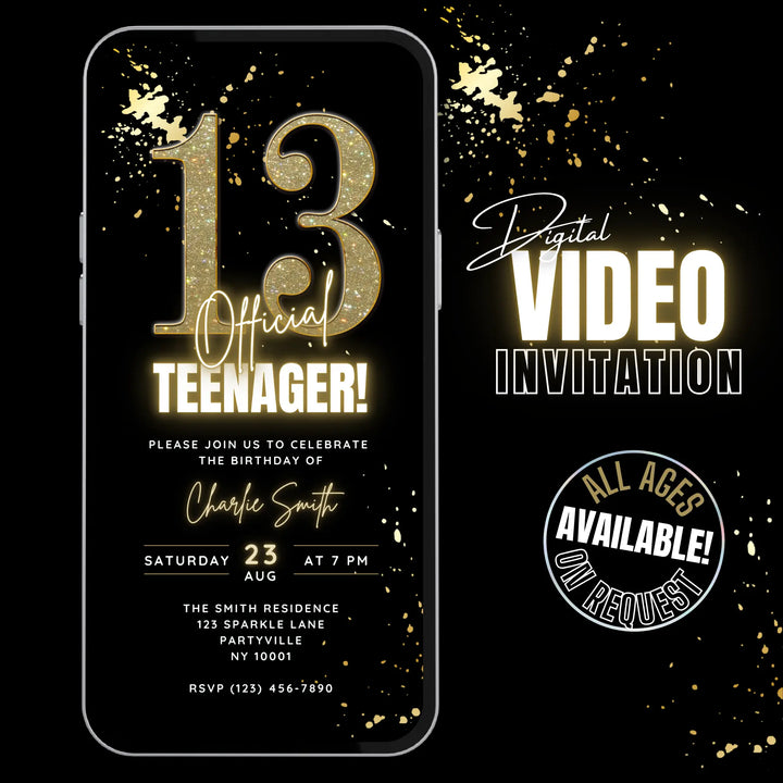 Gold 13th Birthday Invitation – Official Teenager Digital 13 Party Invite | Editable Canva Template