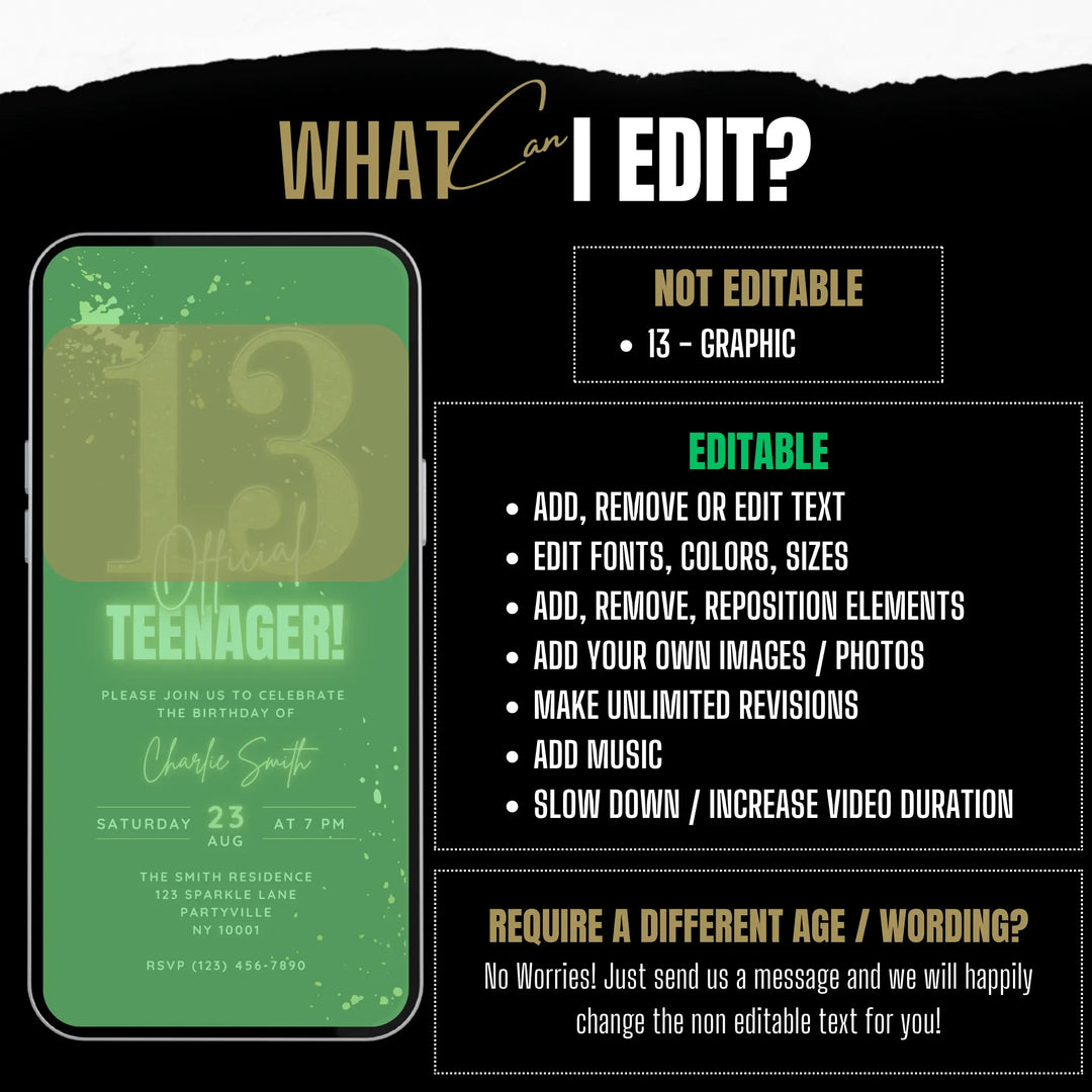 Gold 13th Birthday Invitation – Official Teenager Digital 13 Party Invite | Editable Canva Template