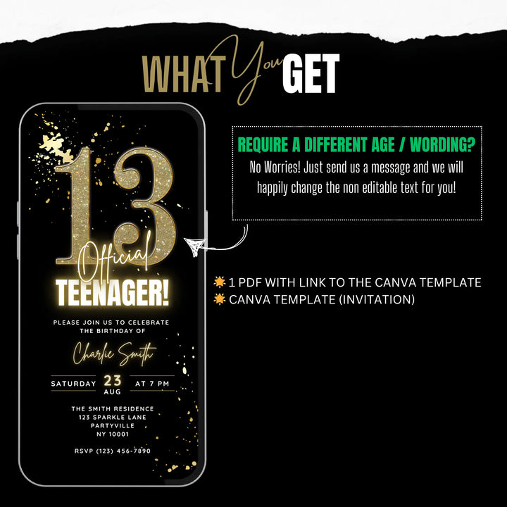 Gold 13th Birthday Invitation – Official Teenager Digital 13 Party Invite | Editable Canva Template