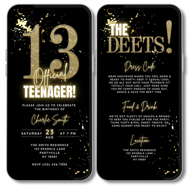 Editable Gold 13th Birthday Invitation Template | Official Teenager Party Digital Invite
