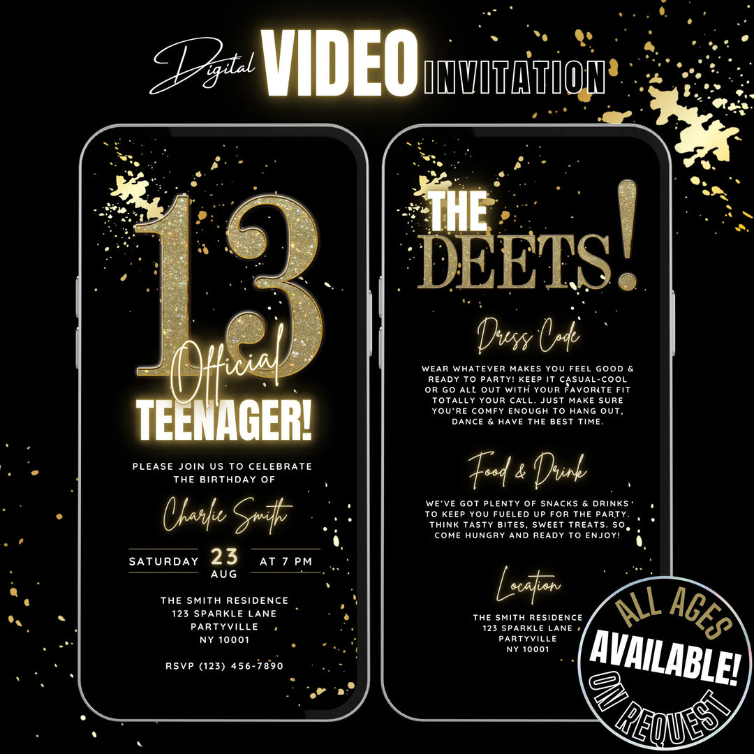 Editable Gold 13th Birthday Invitation Template | Official Teenager Party Digital Invite