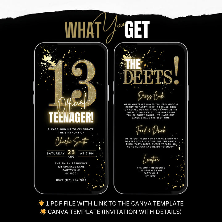 Editable Gold 13th Birthday Invitation Template | Official Teenager Party Digital Invite