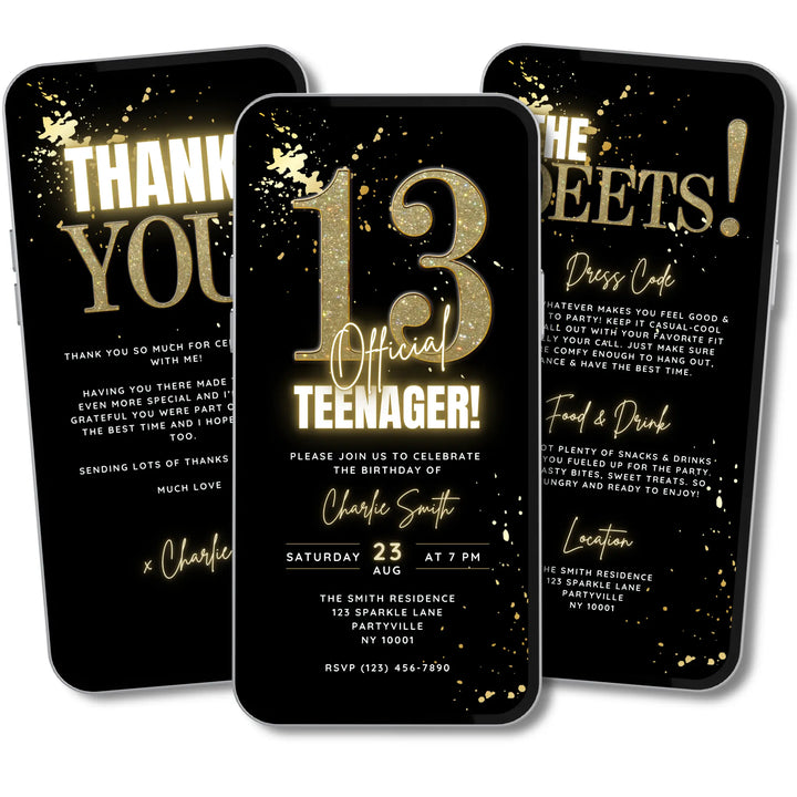 Gold 13th Birthday Invitation – Official Teenager Party Invite | Editable Canva Template