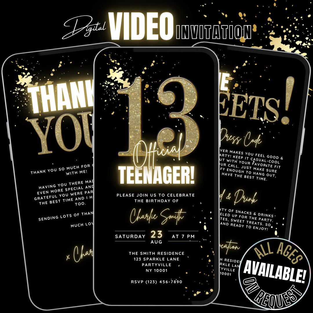 Gold 13th Birthday Invitation – Official Teenager Party Invite | Editable Canva Template