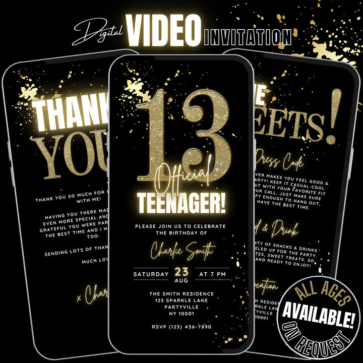 Gold 13th Birthday Invitation – Official Teenager Party Invite | Editable Canva Template