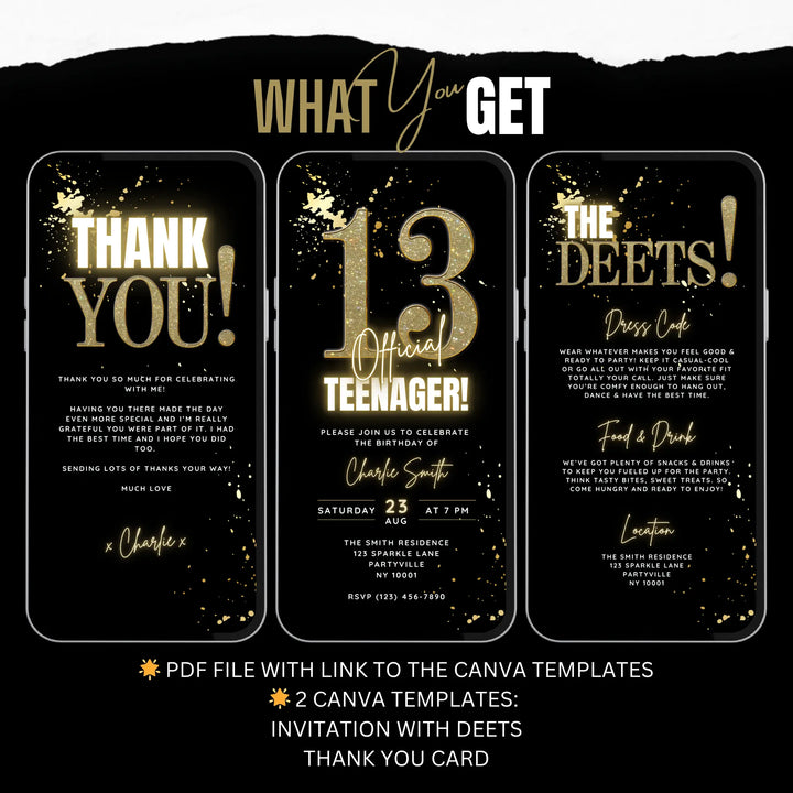 Gold 13th Birthday Invitation – Official Teenager Party Invite | Editable Canva Template