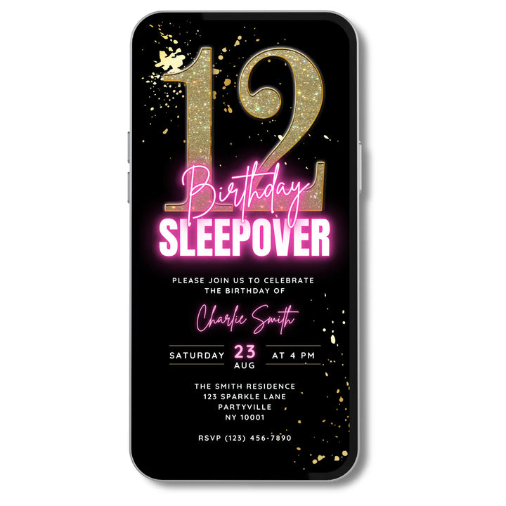12th Birthday Sleepover Invite – Digital Party Invitation – Teen Slumber Party Canva Template