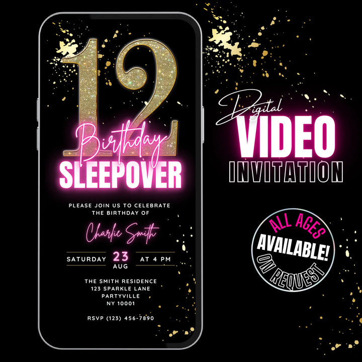 12th Birthday Sleepover Invite – Digital Party Invitation – Teen Slumber Party Canva Template