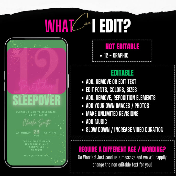 12th Birthday Sleepover Invite – Digital Party Invitation – Teen Slumber Party Canva Template