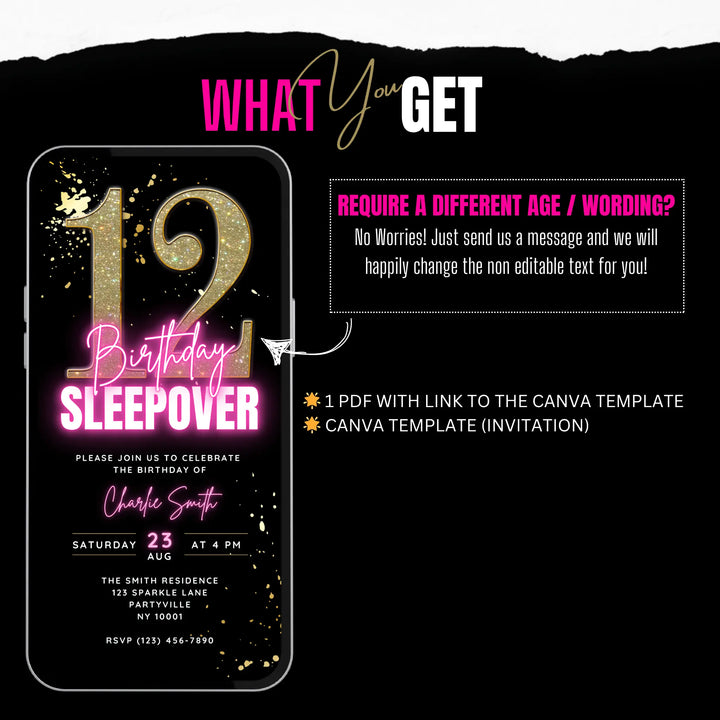 12th Birthday Sleepover Invite – Digital Party Invitation – Teen Slumber Party Canva Template