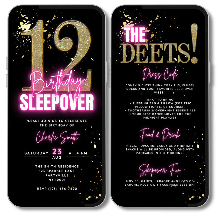 12th Birthday Sleepover Invitation with Details Page – Teen Slumber Party Digital Invite for Girls