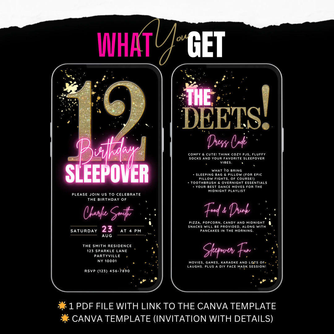 12th Birthday Sleepover Invitation with Details Page – Teen Slumber Party Digital Invite for Girls