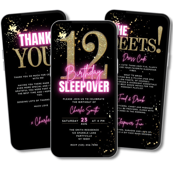12th Birthday Sleepover Invite Set – Teen Slumber Party Canva Template with Details & Thank You