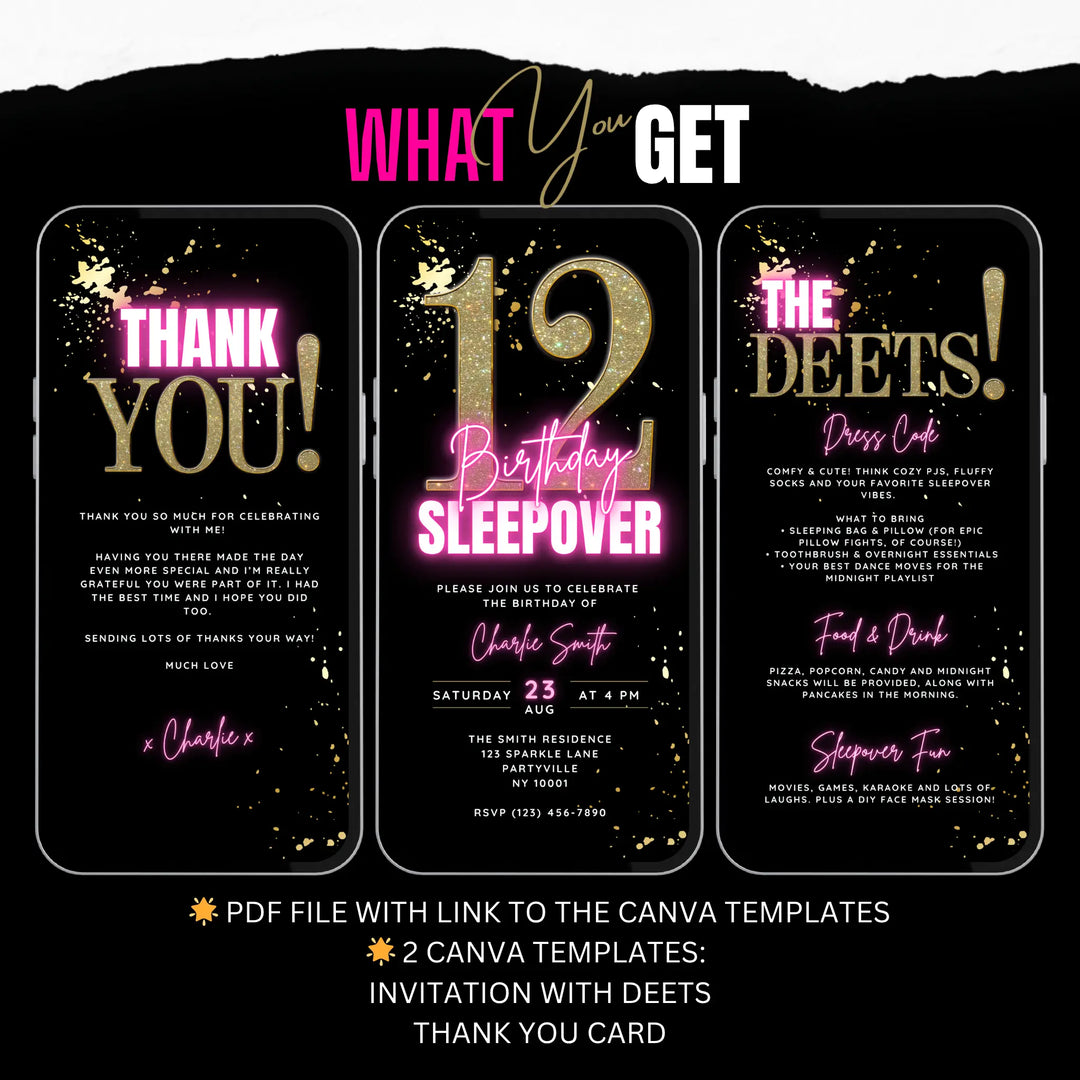 12th Birthday Sleepover Invite Set – Teen Slumber Party Canva Template with Details & Thank You