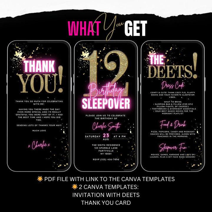 12th Birthday Sleepover Invite Set – Teen Slumber Party Canva Template with Details & Thank You