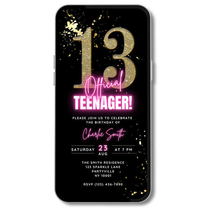 Pink 13th Birthday Invitation – Official Teenager Digital Party Template | Editable Canva Design