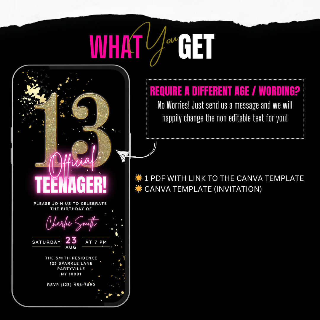 Pink 13th Birthday Invitation – Official Teenager Digital Party Template | Editable Canva Design