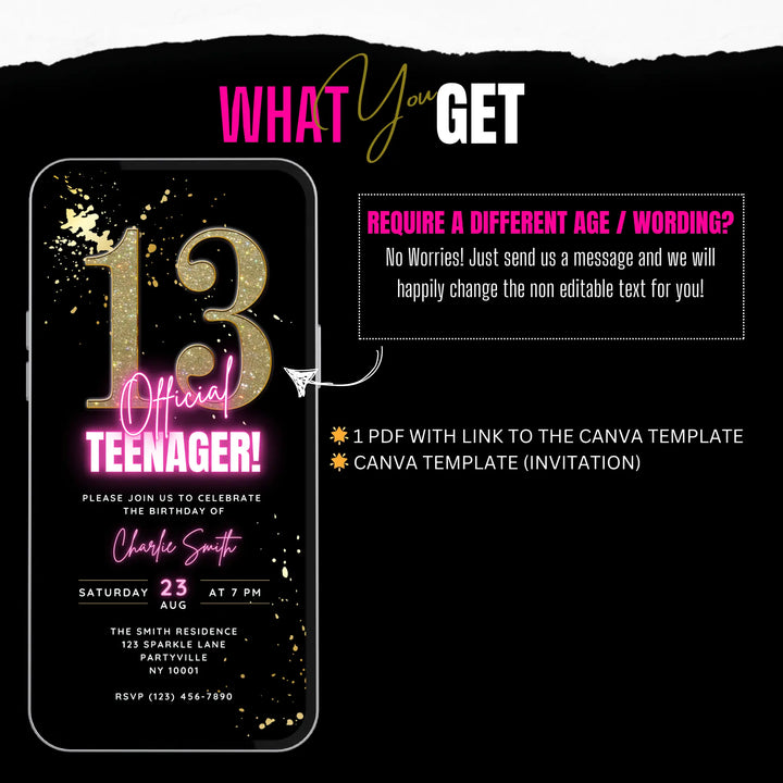 Pink 13th Birthday Invitation – Official Teenager Digital Party Template | Editable Canva Design