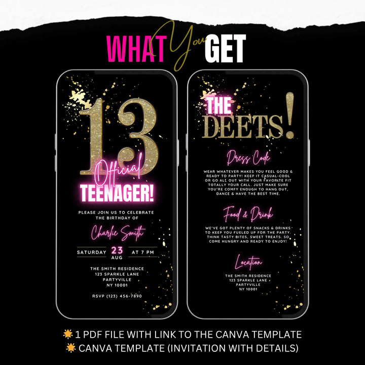 Editable Pink 13th Birthday Invitation | Official Teenager Digital Invite for Girls