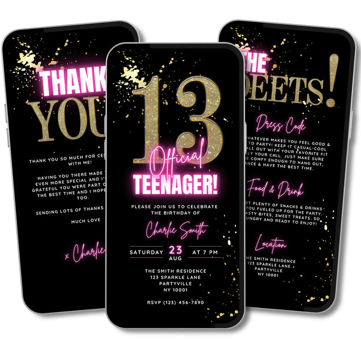 Pink 13th Birthday Invite | Official Teenager Digital Invitation for Girls