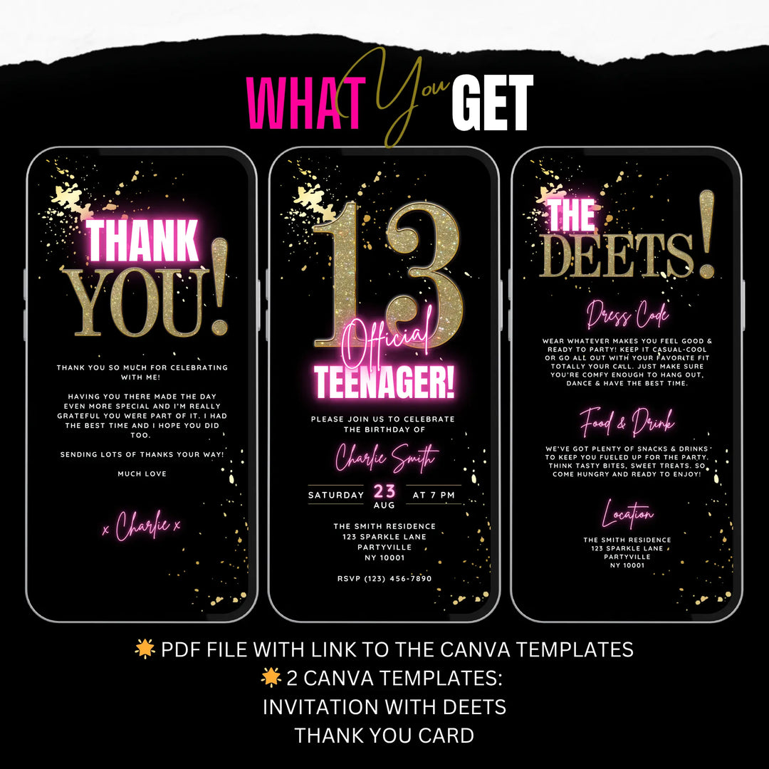 Pink 13th Birthday Invite | Official Teenager Digital Invitation for Girls