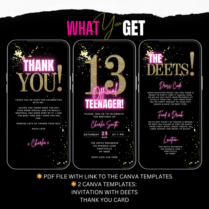 Pink 13th Birthday Invite | Official Teenager Digital Invitation for Girls