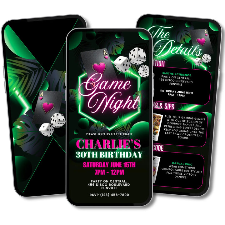 Birthday Game Night Invitation with Details – Neon Tropical Poker Party or Casino Night Digital Invite Template