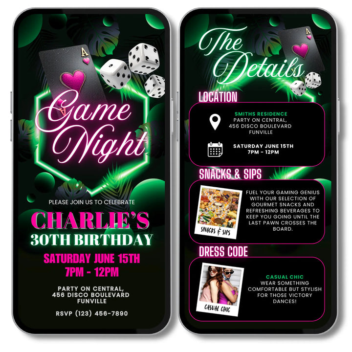 Birthday Game Night Invitation with Details – Neon Tropical Poker or Casino Night Digital Invite Template