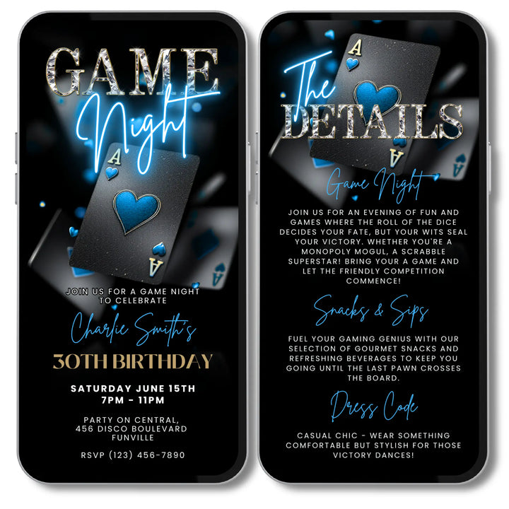Blue Game Night Invitation with Details – Digital Casino Invite Template