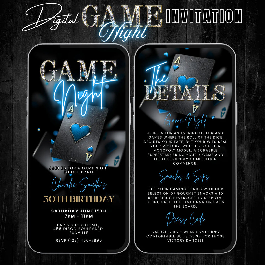 Blue Game Night Invitation with Details – Digital Casino Invite Template