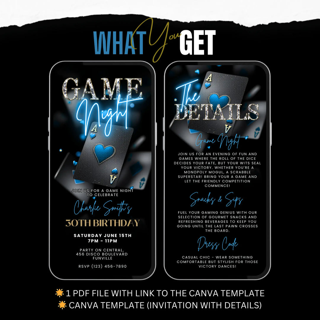 Blue Game Night Invitation with Details – Digital Casino Invite Template