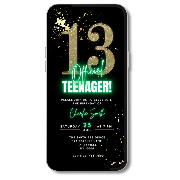 Green 13th Birthday Invitation – Official Teenager Digital Party Invite | Editable Canva Template